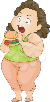Royalty Free Clipart Image of a Plump Woman Eating a Burger