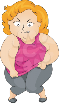 Royalty Free Clipart Image of a Plump Woman Trying to Put on a Top