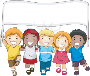 Royalty Free Clipart Image of a Group of Children Carrying a Banner