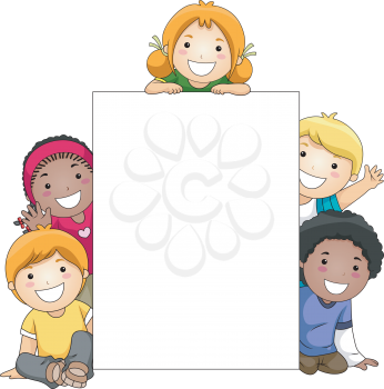 Royalty Free Clipart Image of a Group of Kids Around a White Board