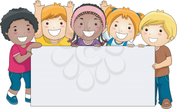 Royalty Free Clipart Image of Children Holding a Blank Board