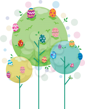 Royalty Free Clipart Image of Easter Eggs in Trees
