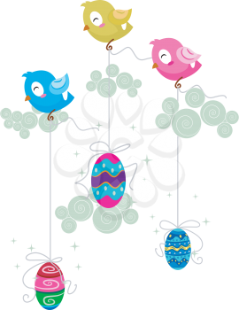 Royalty Free Clipart Image of Birds Carrying Easter Eggs