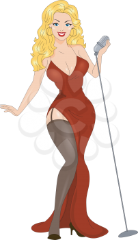 Royalty Free Clipart Image of a Pin-Up at a Microphone