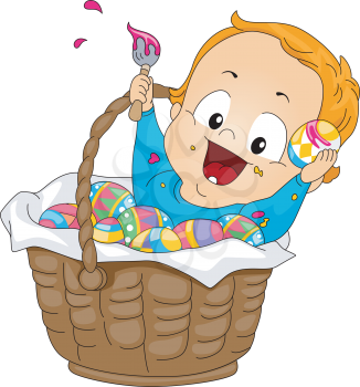 Royalty Free Clipart Image of a Baby in a Basket of Easter Eggs