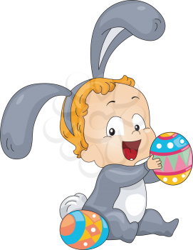 Royalty Free Clipart Image of a Baby in a Bunny Costume Playing With Easter Eggs