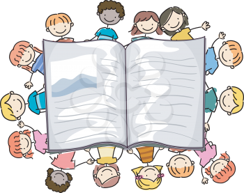 Royalty Free Clipart Image of Children Around a Book