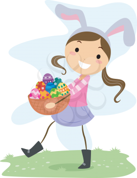Royalty Free Clipart Image of a Little Girl in a Bunny Costume Carrying a Basket of Easter Eggs