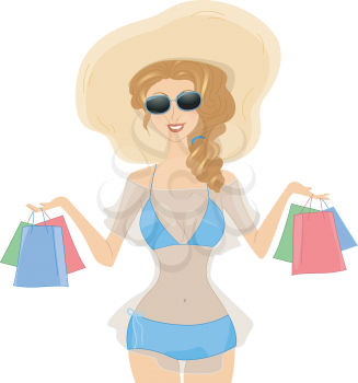 Royalty Free Clipart Image of a Girl in a Bikini Carrying Shopping Bags