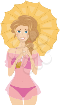 Royalty Free Clipart Image of a Girl in a Bikini Holding an Umbrella
