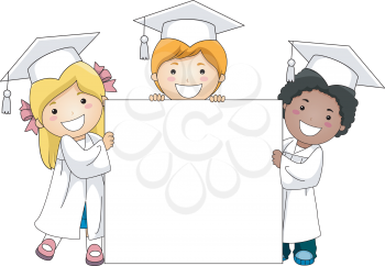 Royalty Free Clipart Image of Little Graduates Holding a Banner