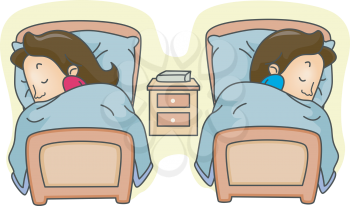 Royalty Free Clipart Image of a Couple Sleeping in Twin Beds