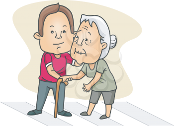 Royalty Free Clipart Image of a Man Helping an Elderly Woman Cross the Street