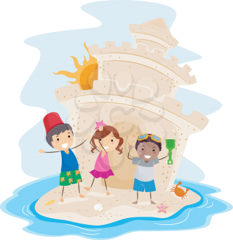 Royalty Free Clipart Image of Children Building a Big Sandcastle