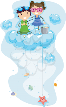 Royalty Free Clipart Image of Children on Clouds Fishing for Seashells