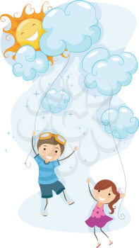 Royalty Free Clipart Image of Children Using Clouds as Kites