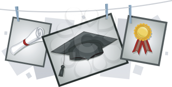 Royalty Free Clipart Image of Graduation Elements Hanging From a Clothesline