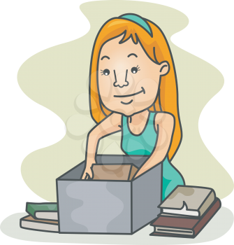 Royalty Free Clipart Image of a Girl Packing Old Books