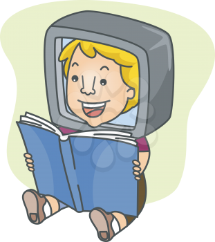 Royalty Free Clipart Image of a Boy in a Computer Reading a Book