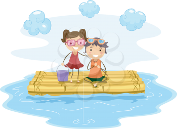 Royalty Free Clipart Image of Two Children on a Raft