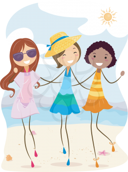 Royalty Free Clipart Image of Three Girls on a Beach