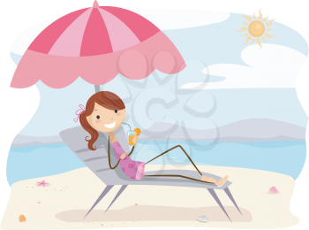 Royalty Free Clipart Image of a Girl Enjoying a Summer Drink