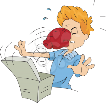Royalty Free Clipart Image of a Boxing Glove Coming Out of a Box To Hit a Man