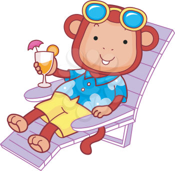 Royalty Free Clipart Image of a Monkey on a Lounge Chair Enjoying a Drink