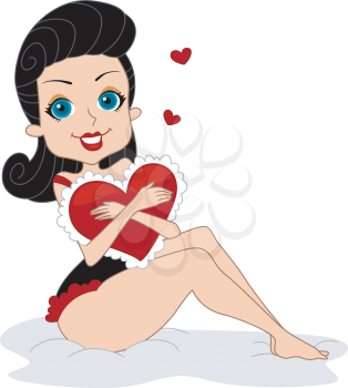 Royalty Free Clipart Image of a Pin-Up With a Heart-Shaped Pillow