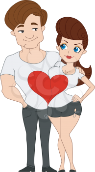 Royalty Free Clipart Image of a Pin-Up Couple Wearing One Shirt With a Heart