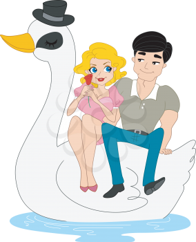 Royalty Free Clipart Image of a Pin-Up Couple on a Swan