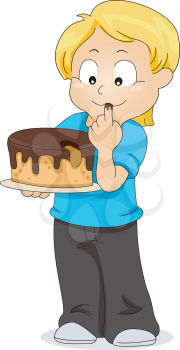 Royalty Free Clipart Image of a Boy Tasting a Cake