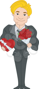 Royalty Free Clipart Image of a Man in a Suit With Flowers and Candy
