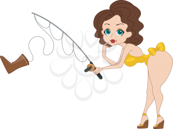 Royalty Free Clipart Image of a Pin-Up With a Fishing Rod