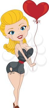 Royalty Free Clipart Image of a Pin-Up Girl With a Heart Balloon