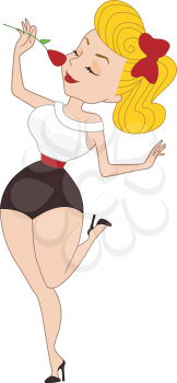 Royalty Free Clipart Image of a Pin-Up Girl Smelling a Flower