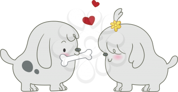 Royalty Free Clipart Image of a Male Dog Giving a Female Dog a Bone