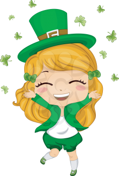 Royalty Free Clipart Image of a Girl in Green Throwing Shamrocks in the Air