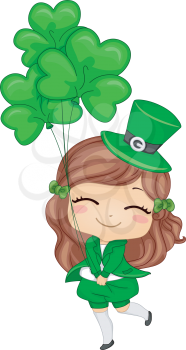 Royalty Free Clipart Image of a Girl Holding Shamrock Balloons