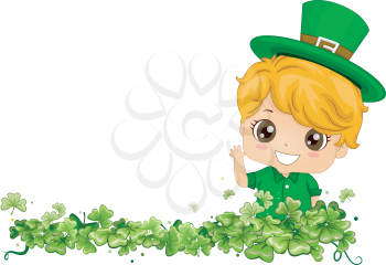 Royalty Free Clipart Image of a Border Design With a Boy in Green Standing in Shamrocks