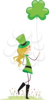 Royalty Free Clipart Image of a Girl Holding a Shamrock Balloon