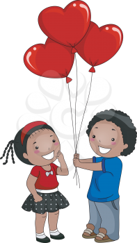 Royalty Free Clipart Image of a Boy Giving a Girl a Bouquet of Valentine Balloons