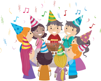 Royalty Free Clipart Image of Kids Around a Birthday Cake