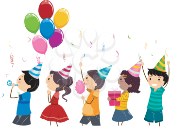 Royalty Free Clipart Image of a Line of Children Celebrating a Birthday