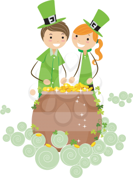 Royalty Free Clipart Image of a Girl and Boy in Green at a Pot of Gold