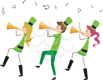 Royalty Free Clipart Image of Three People in St. Patrick's Costumes Playing Horns