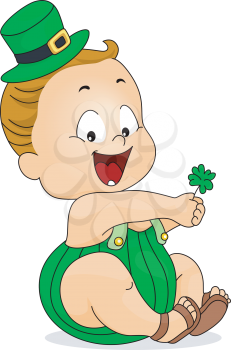 Royalty Free Clipart Image of an Irish Baby Holding a Clover