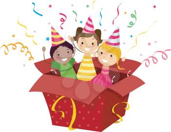 Royalty Free Clipart Image of Children Popping Out of a Gift Box
