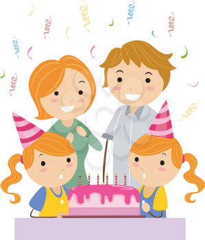Royalty Free Clipart Image of a Family Celebrating Twin Girls' Birthday