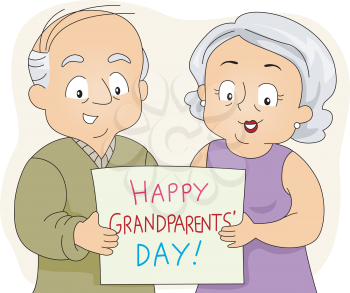Royalty Free Clipart Image of a Couple Holding a Happy Grandparents Day Message
